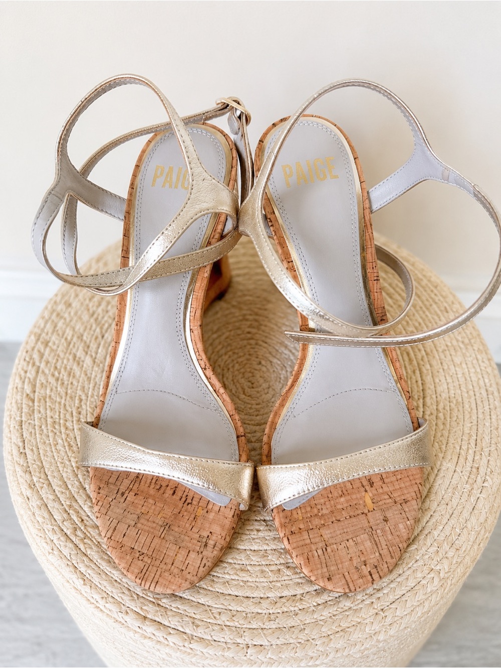 PAIGE Champagne Metallic Cork Wedge Sandals Gold Leather Ankle Strap Size 8